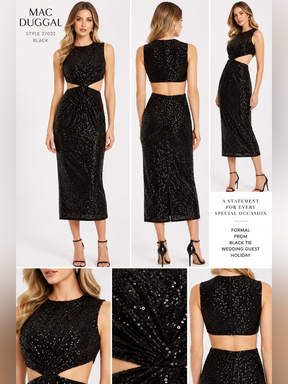 Mac Duggal Black Sequin Cutout Midi Dress Style 27022 Size 6 NWT